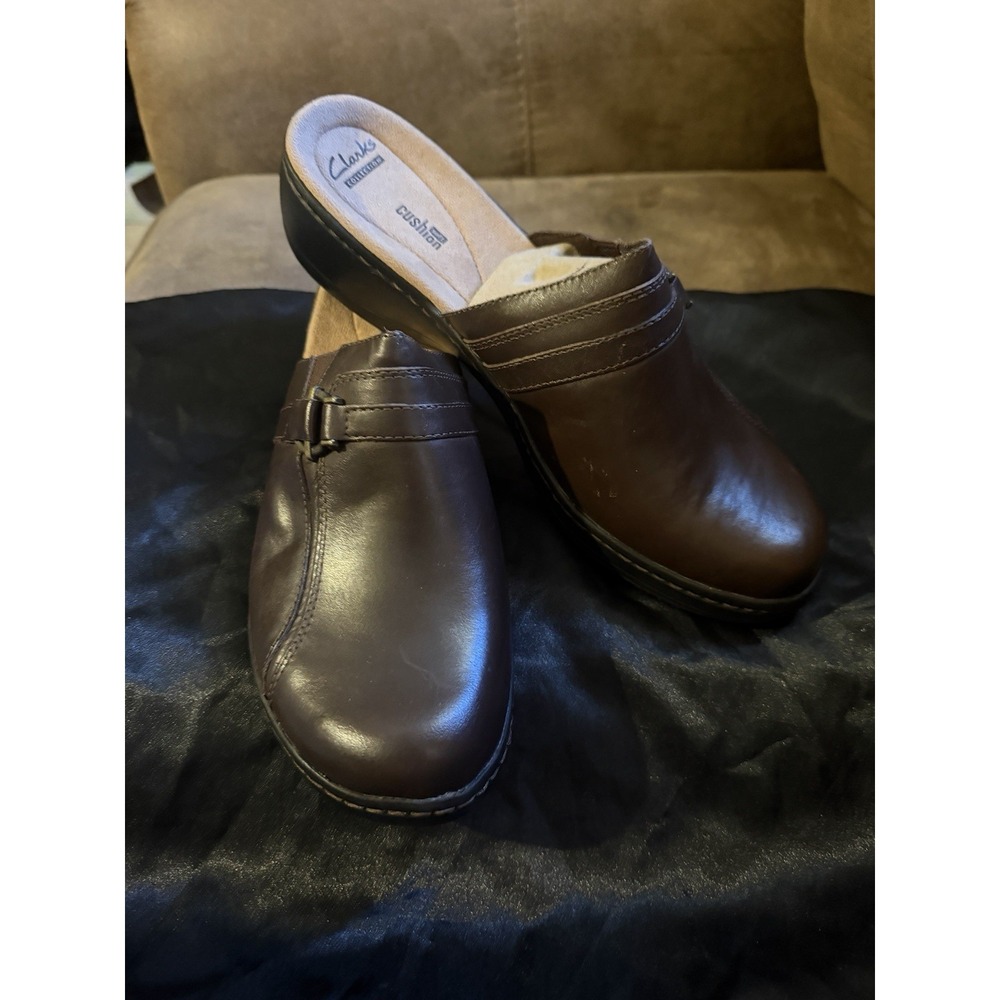Clarks Shoes Womens Size 12 Brown Leather Mules Slides Soft Cushion Comfort